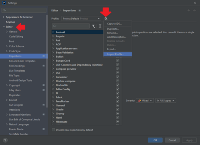 Unter Editor befinden sich die Einstellungen für die Inspections. Ein neues Profil lässt sich über das Zahnrad neben der Profilauswahl importieren.